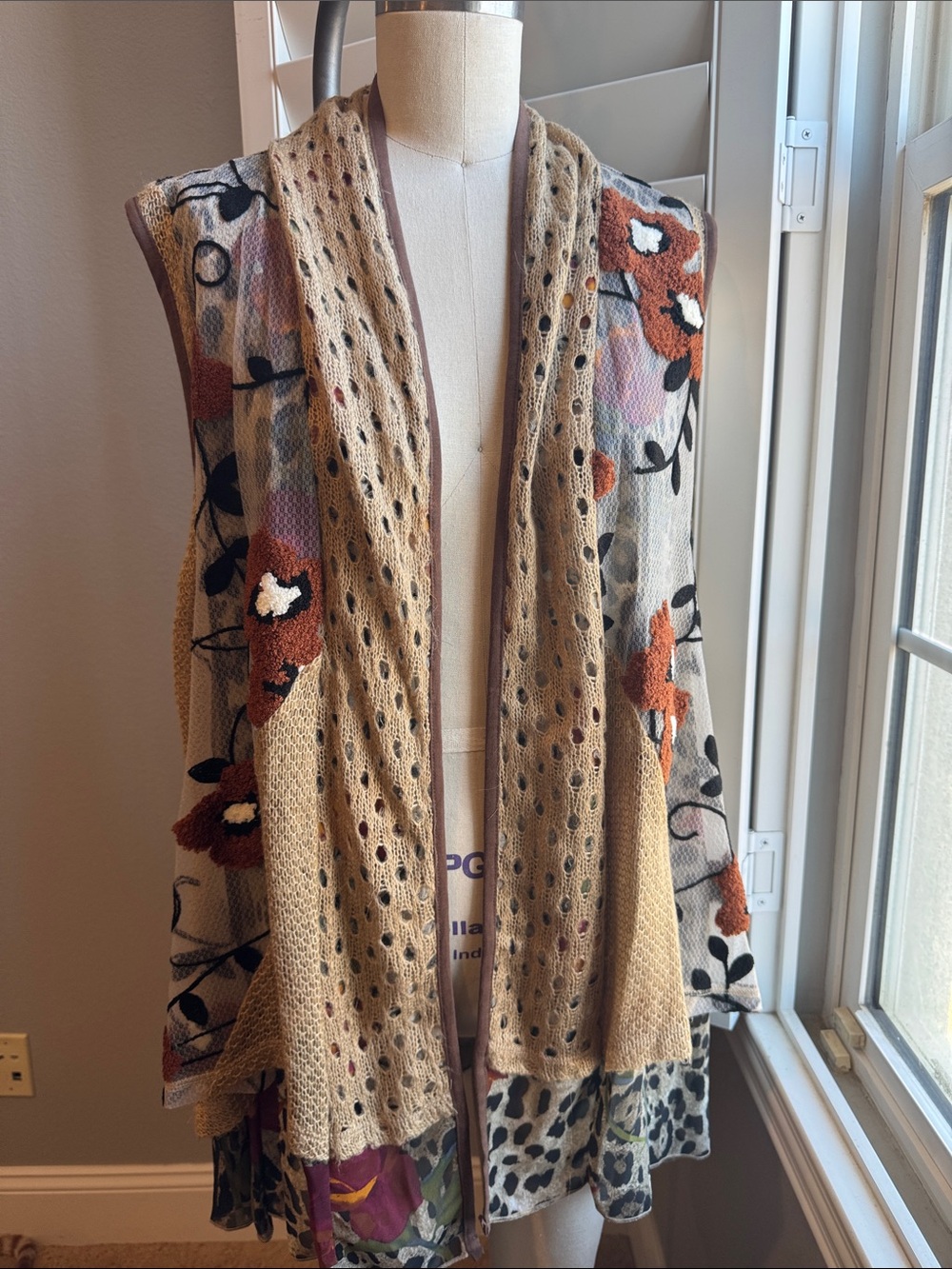 Multiples Beige Open-Front Floral Knit Vest with Rust Accents